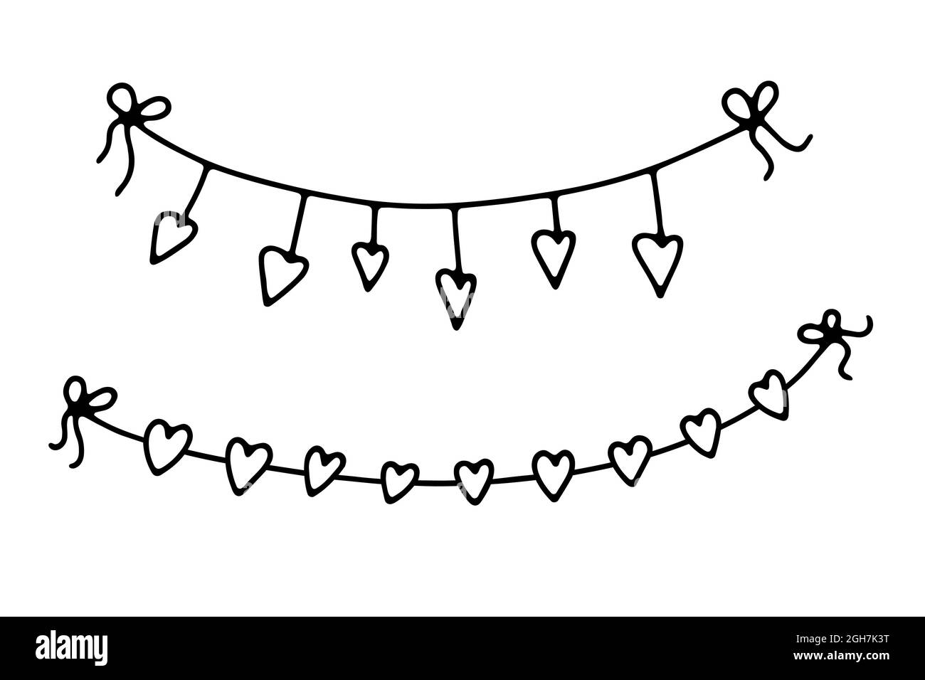 Set Doodle Valentines Day Garlands. Festone disegnato a mano isolato su sfondo bianco. Delineare decorazione festiva con cuori, nastri, archi. Vettore lov Illustrazione Vettoriale