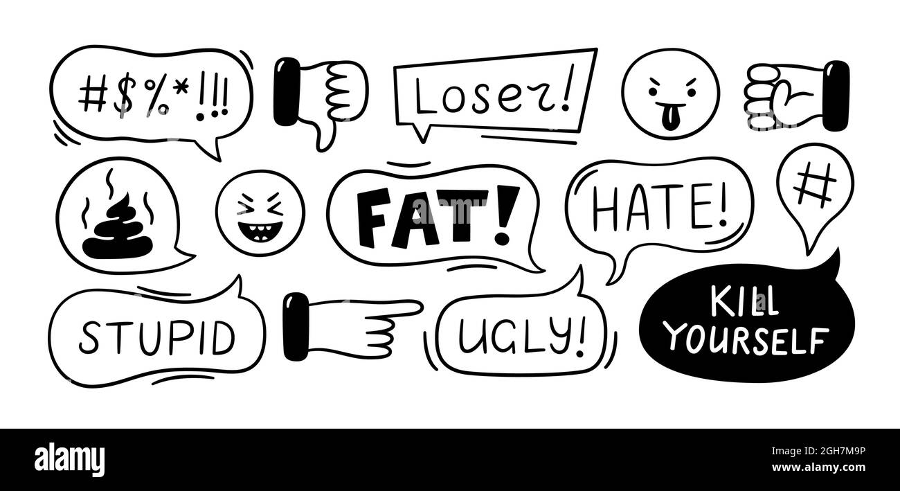 Fumetto con parole giurate. Situazione di bullismo, trolling, conflitto e violenza cibernetica. Recensioni negative, commenti, non mi piacciono. Illustrazione vettoriale Illustrazione Vettoriale