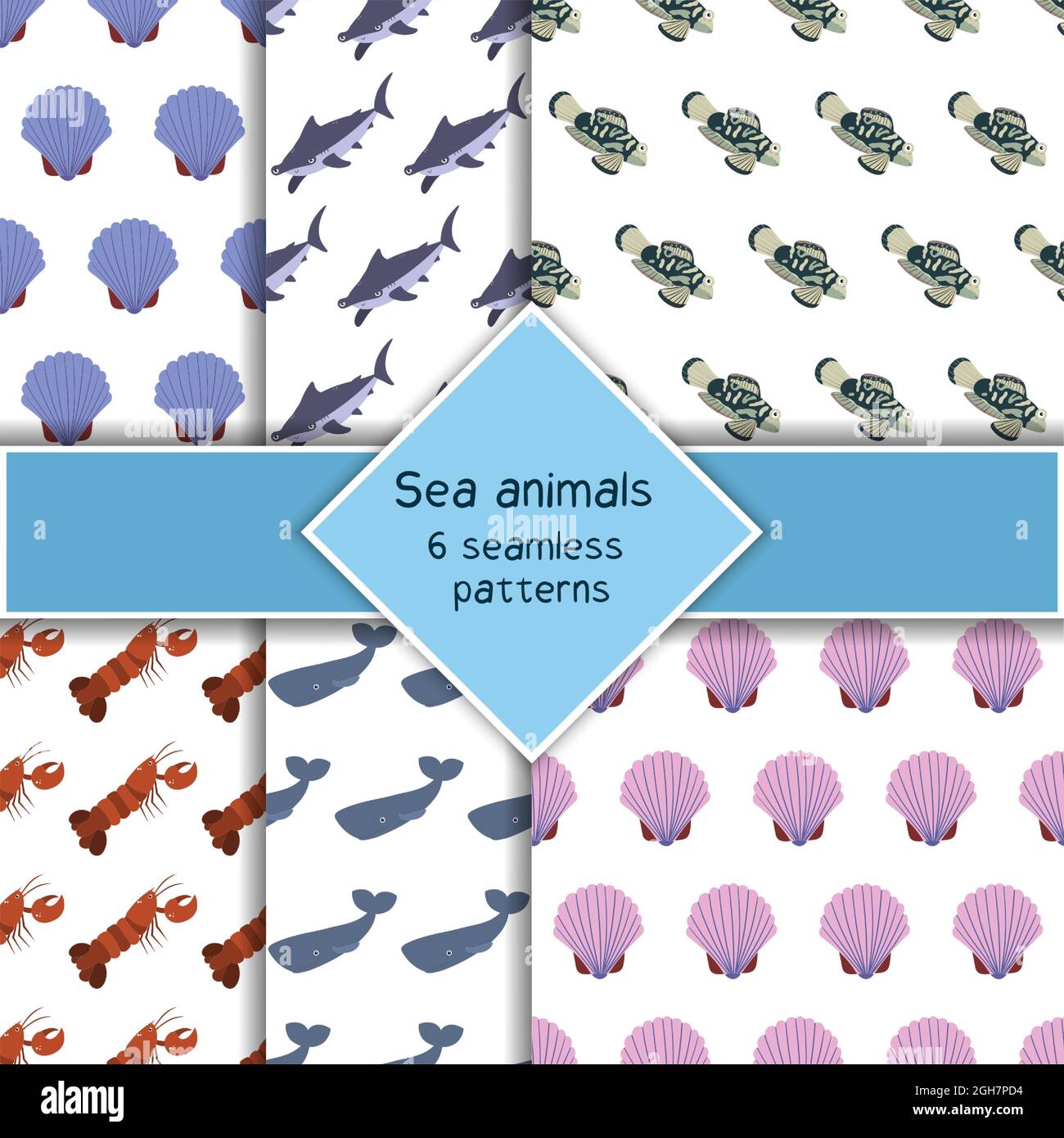 Ambientato con sei animali marini senza cuciture, con pesce di mare, balena spermatica, squalo di testa d'umero, aragosta e mandarino. Gli habitat sottomarini del mondo stampano. Collezione vita subacquea disegnata a mano. Illustrazione Vettoriale