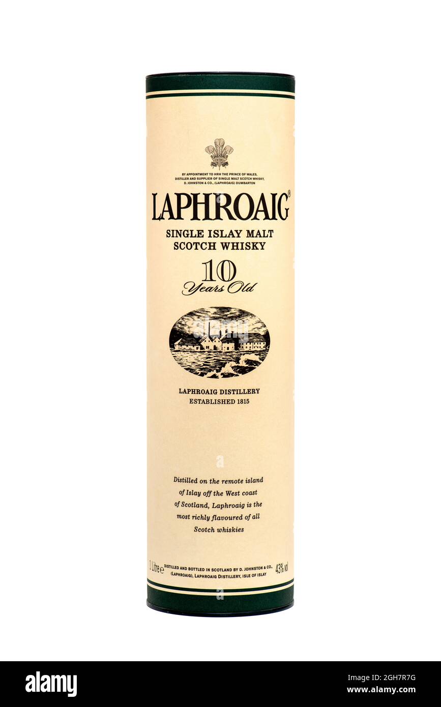 Scatola di Laphroaig whisky di scotch di malto di Islay singolo Foto Stock