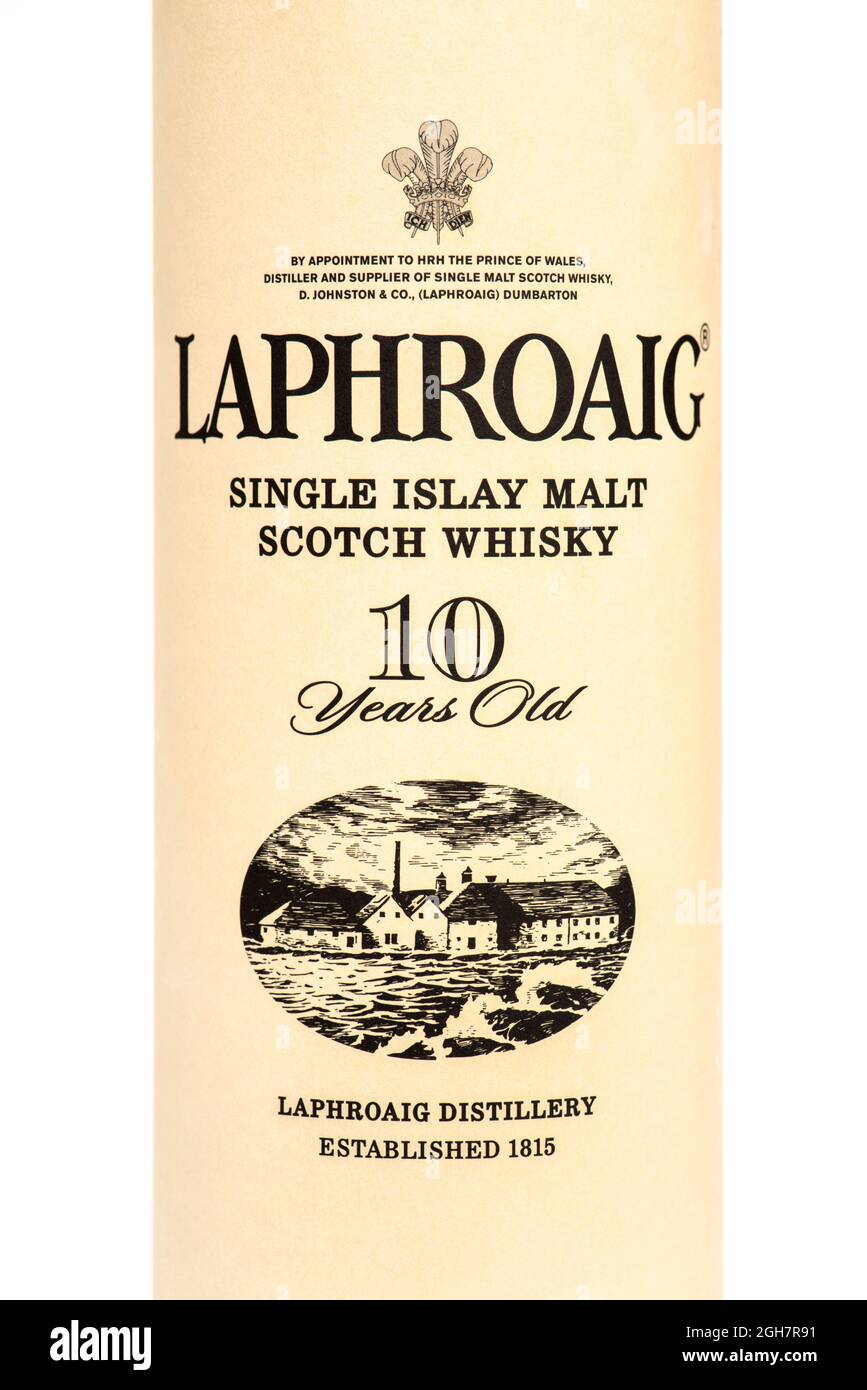 Scatola di Laphroaig whisky di scotch di malto di Islay singolo Foto Stock