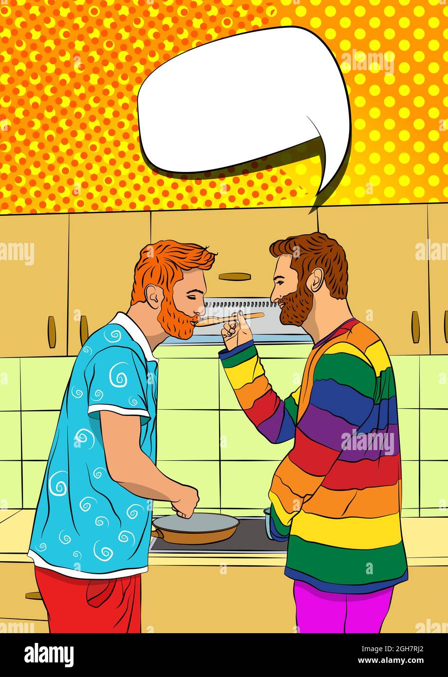 Due giovani e bei gay cuccioli cucinano a casa in cucina. Colazione in cucina. Attivismo domestico, cucina, ricette, stare a casa di buon umore. Vettore Illustrazione Vettoriale