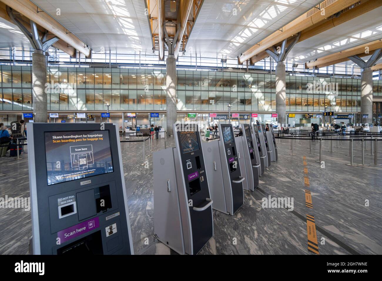 Chioschi per il check-in automatico all'aeroporto Gardermoen di Oslo, Norvegia, Europa Foto Stock