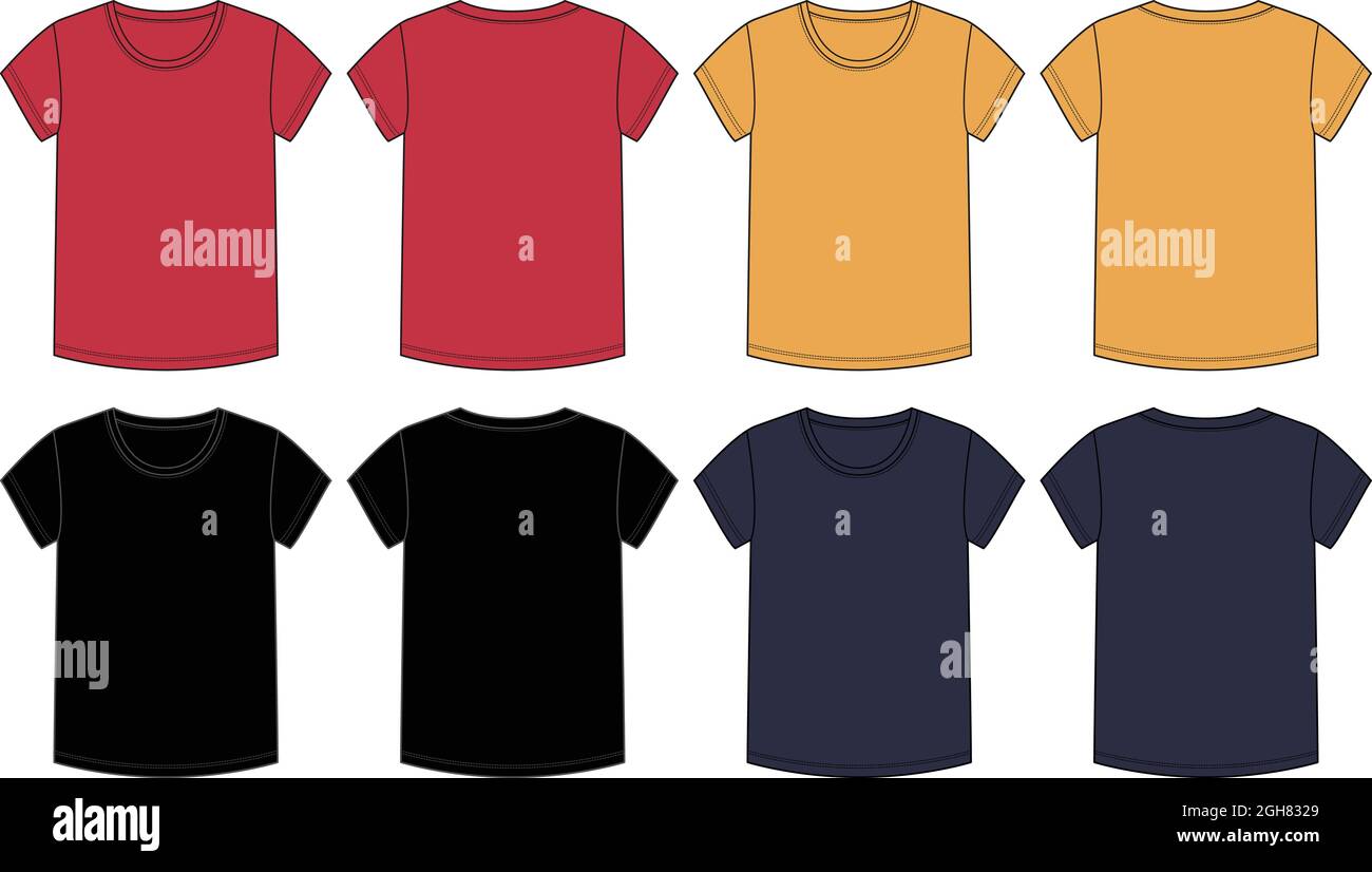 Modello vettoriale t shirt base a manica corta multicolore per Signore e bambine. Disegno tecnico di disegno piatto di modo mock in su. Illustrazione Vettoriale
