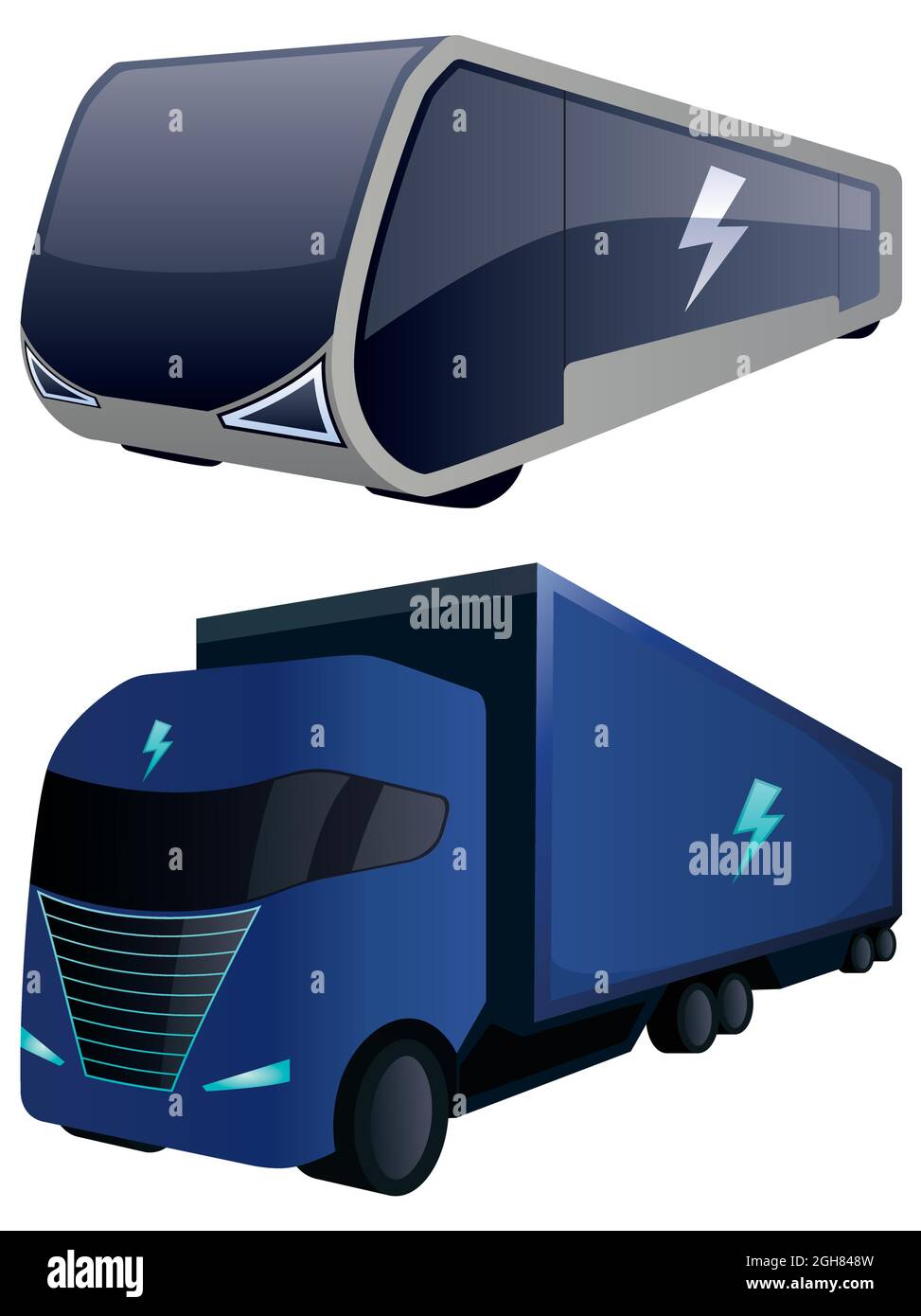Camion elettrico e autobus su bianco Illustrazione Vettoriale