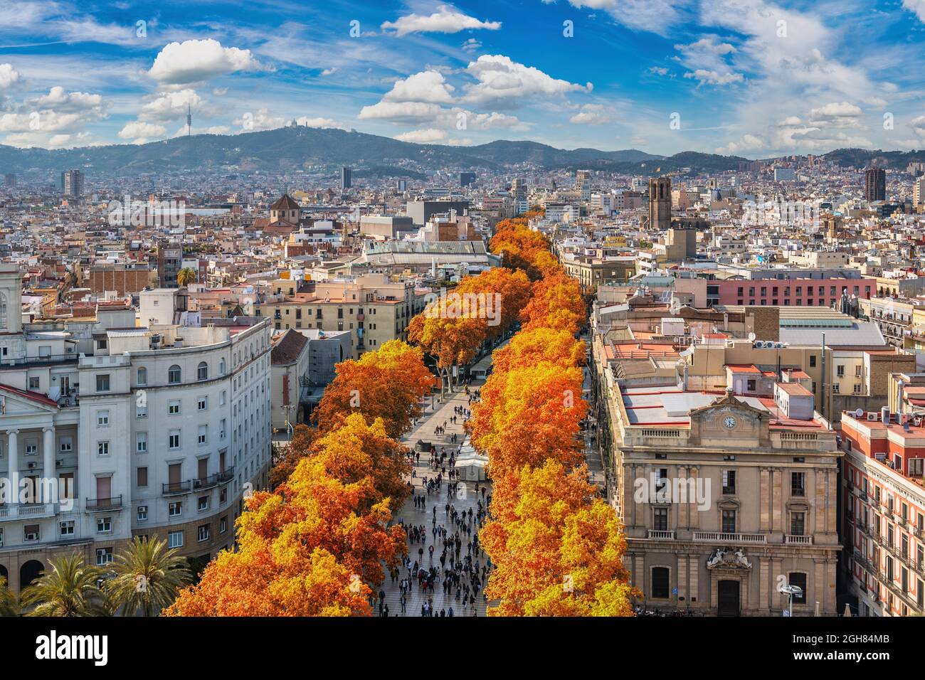 Barcellona Spagna, vista ad alto angolo dello skyline della città in via la Rambla con stagione di fogliame autunnale Foto Stock