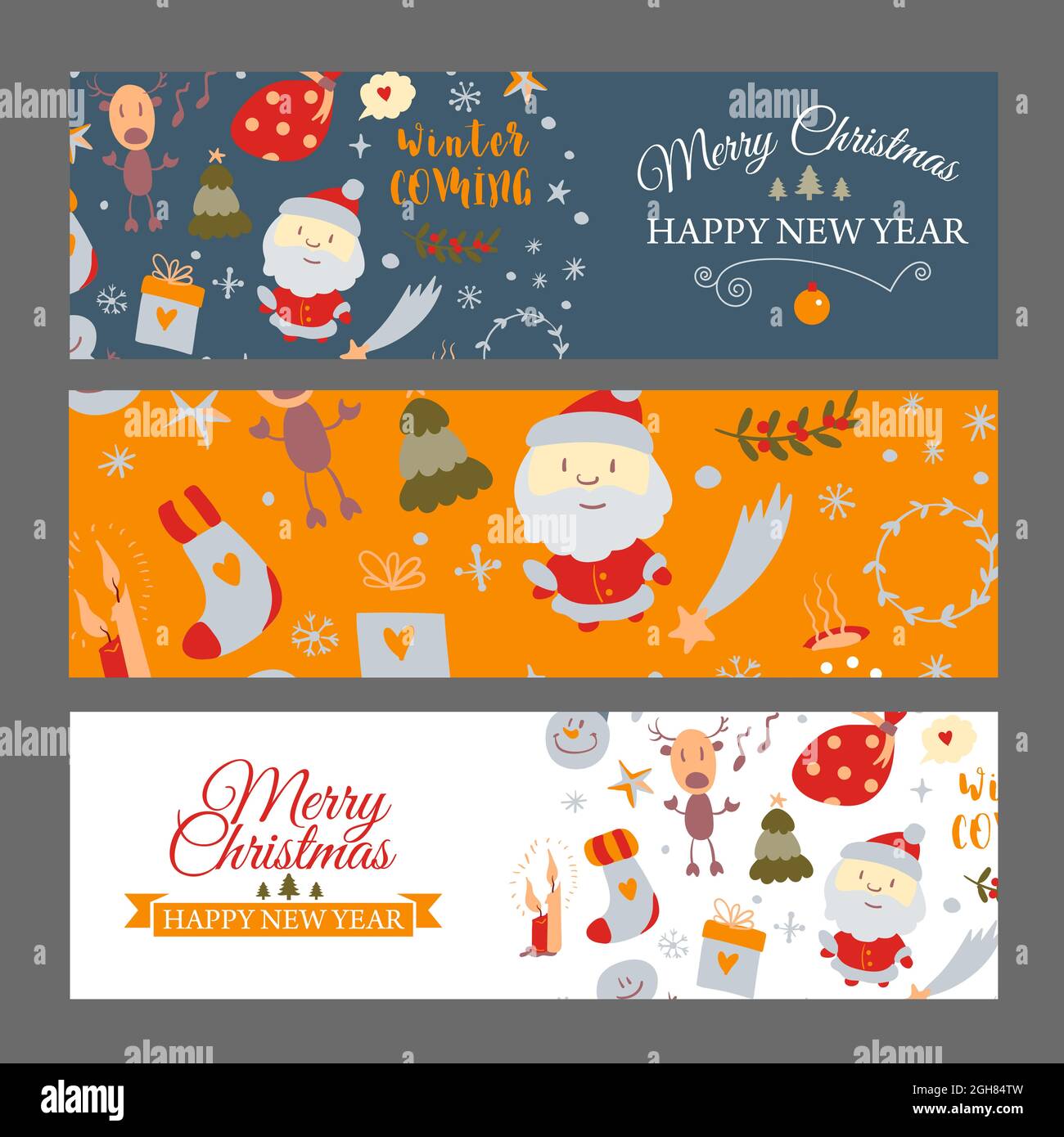 Set di banner web con elementi di design di Natale in stile doodle. Carte di Natale. Vettore Illustrazione Vettoriale