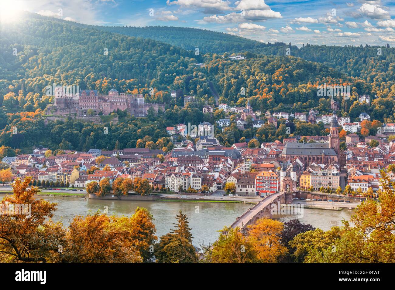 Heidelberg Germania, skyline della città al Palazzo Heidelberg e fiume Neckar con stagione di fogliame autunnale Foto Stock