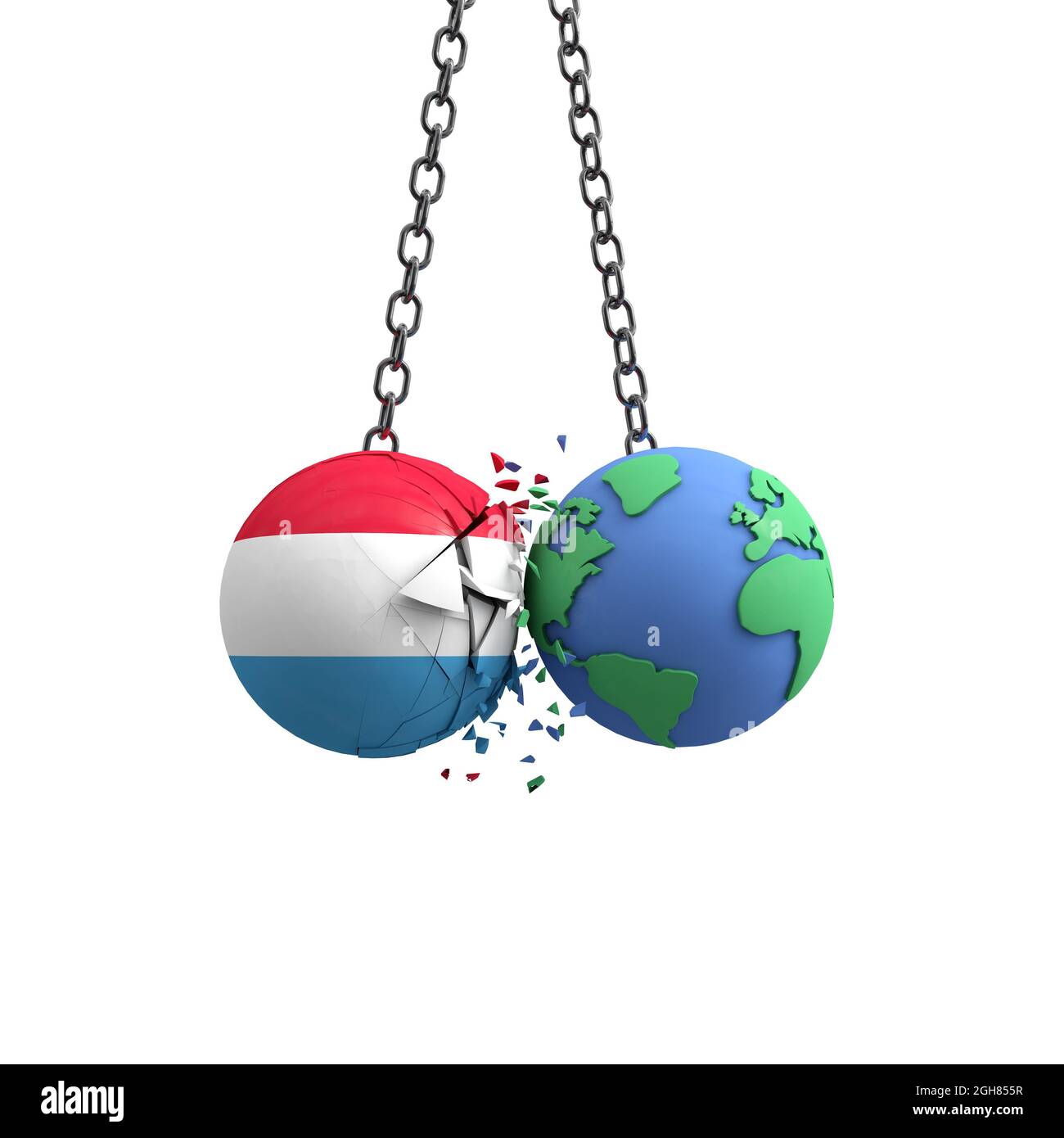 La bandiera lussemburghese colpisce il pianeta terra. Concetto di impatto ambientale. Rendering 3D Foto Stock