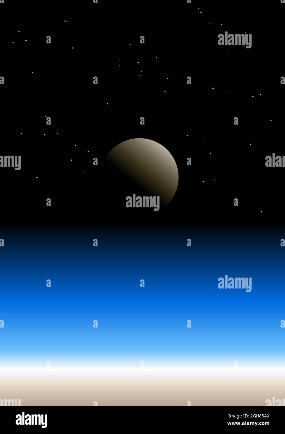 Atmosfera terrestre con luna e stelle all'orizzonte oscuro dell'universo. Linea Karman come inizio dello spazio esterno. Gli strati dell'atmosfera terrestre. Vettore Illustrazione Vettoriale