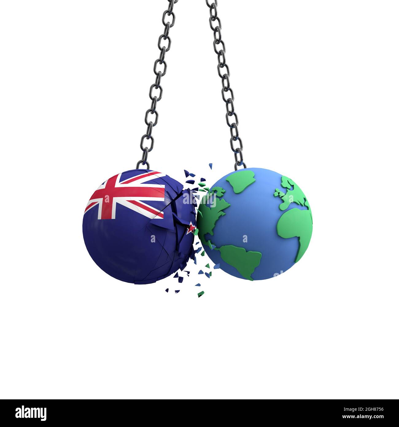La bandiera della Nuova Zelanda colpisce il pianeta terra. Concetto di impatto ambientale. Rendering 3D Foto Stock
