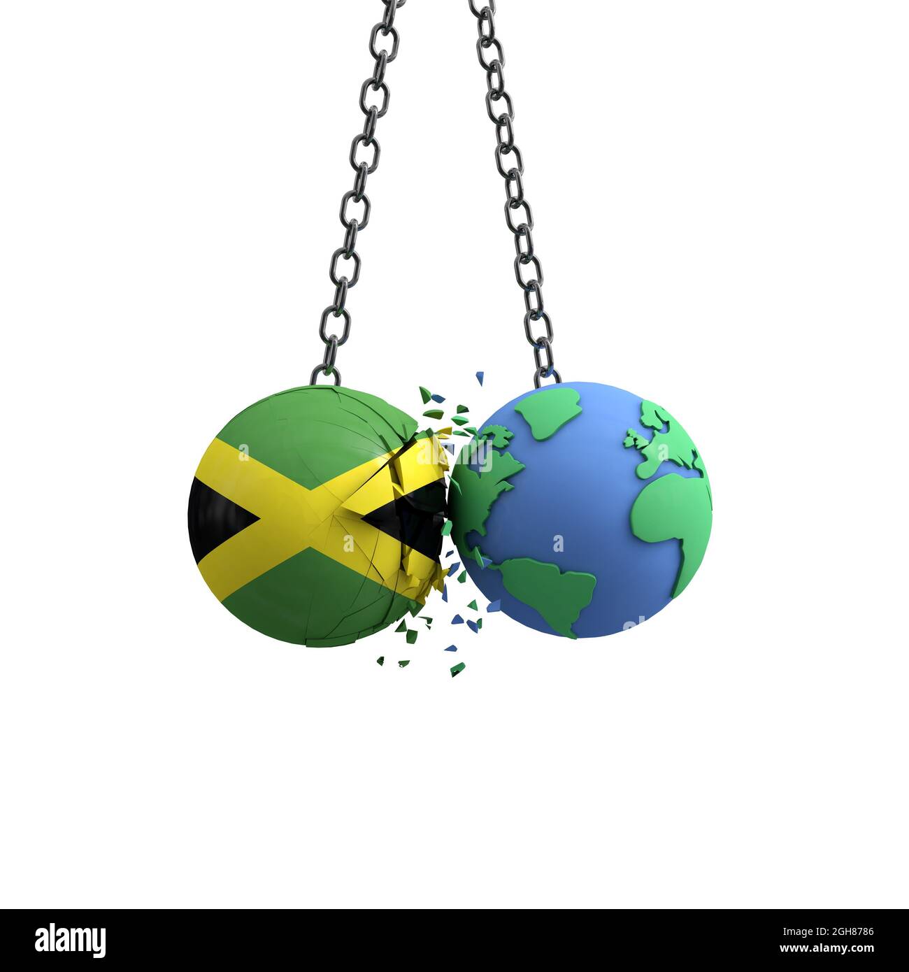 La bandiera della Giamaica colpisce il pianeta terra. Concetto di impatto ambientale. Rendering 3D Foto Stock