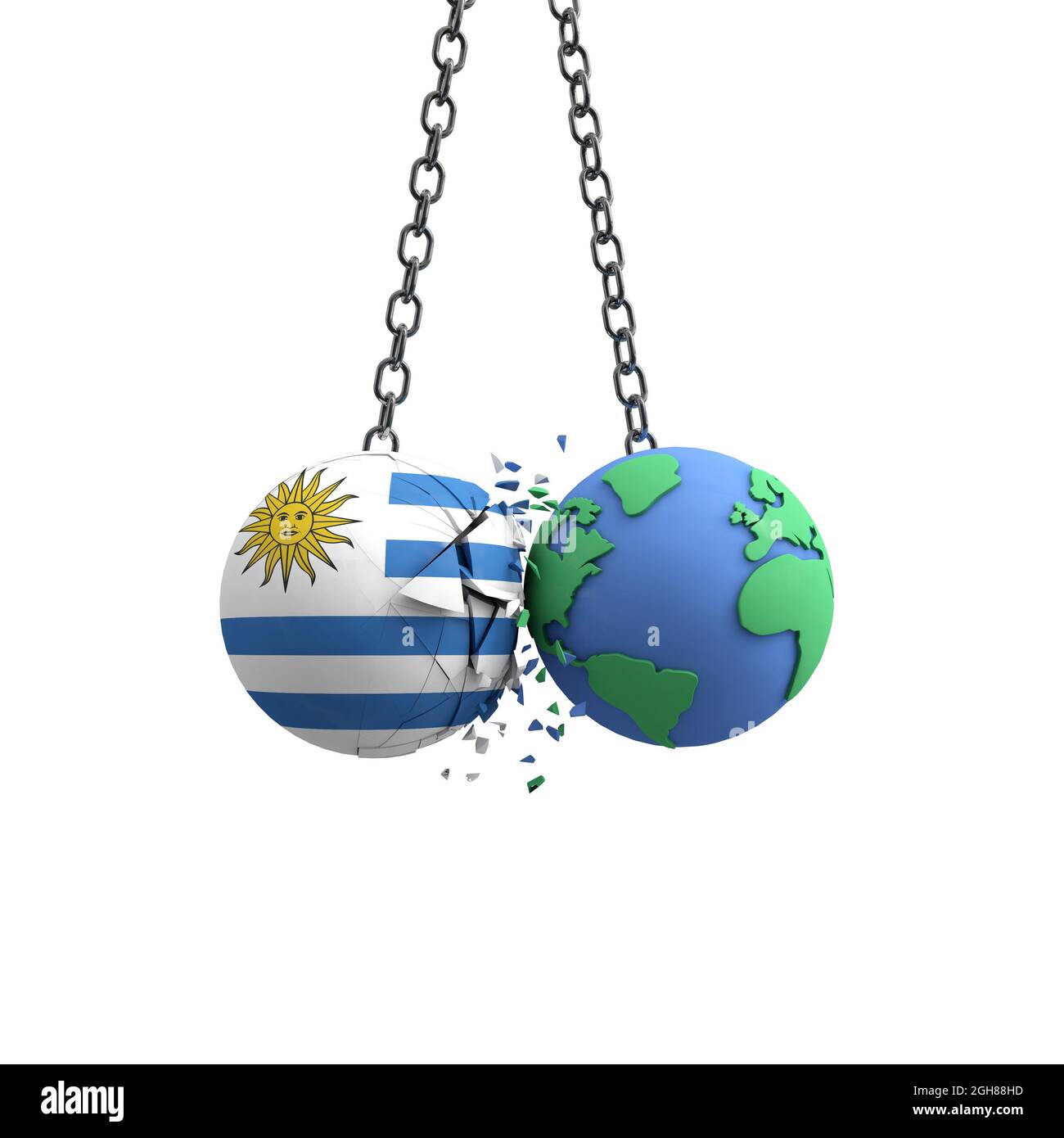 La bandiera dell'Uruguay colpisce il pianeta terra. Concetto di impatto ambientale. Rendering 3D Foto Stock