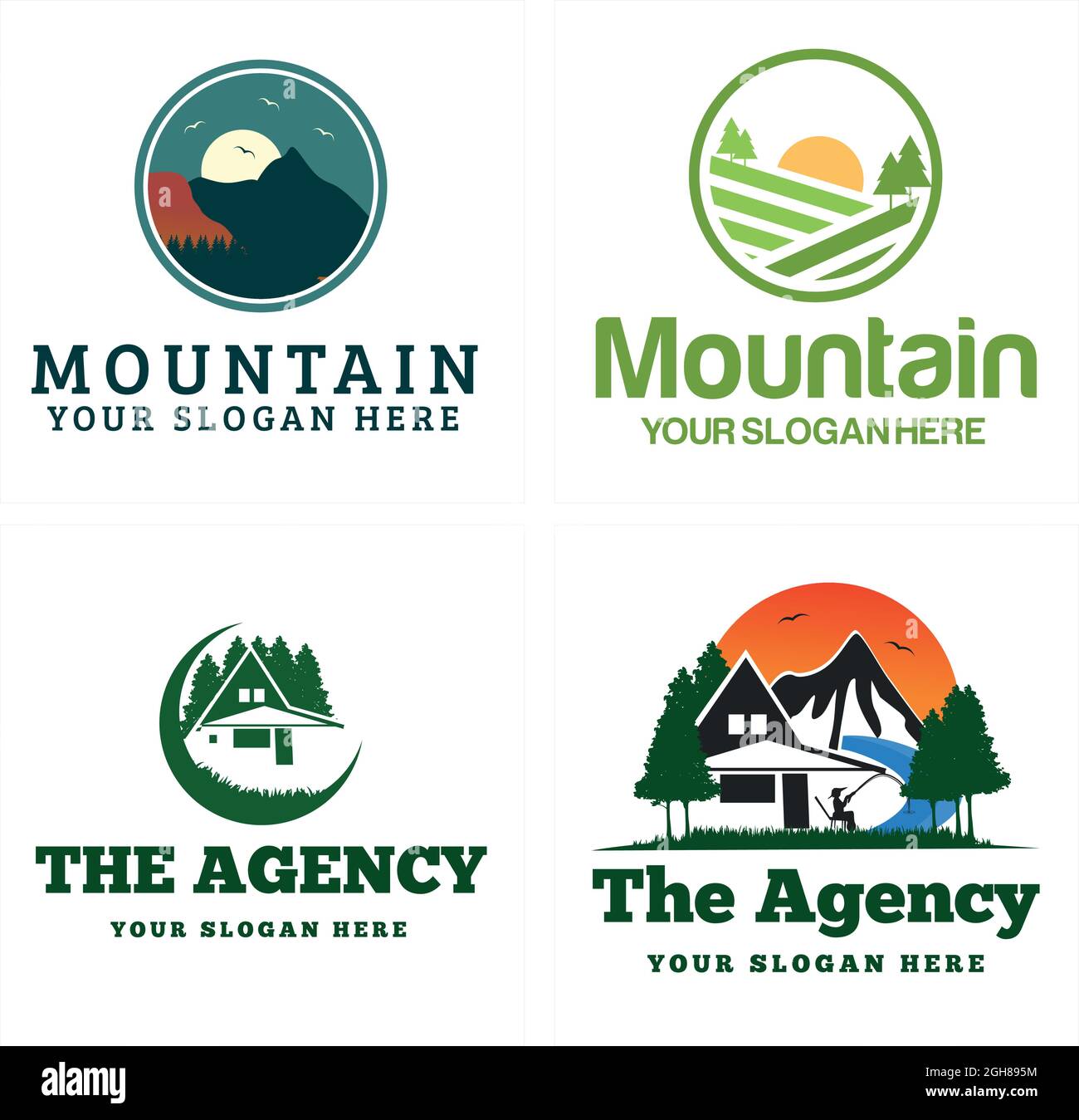 Agenzia di viaggi baita di montagna campeggio paesaggio logo design Illustrazione Vettoriale