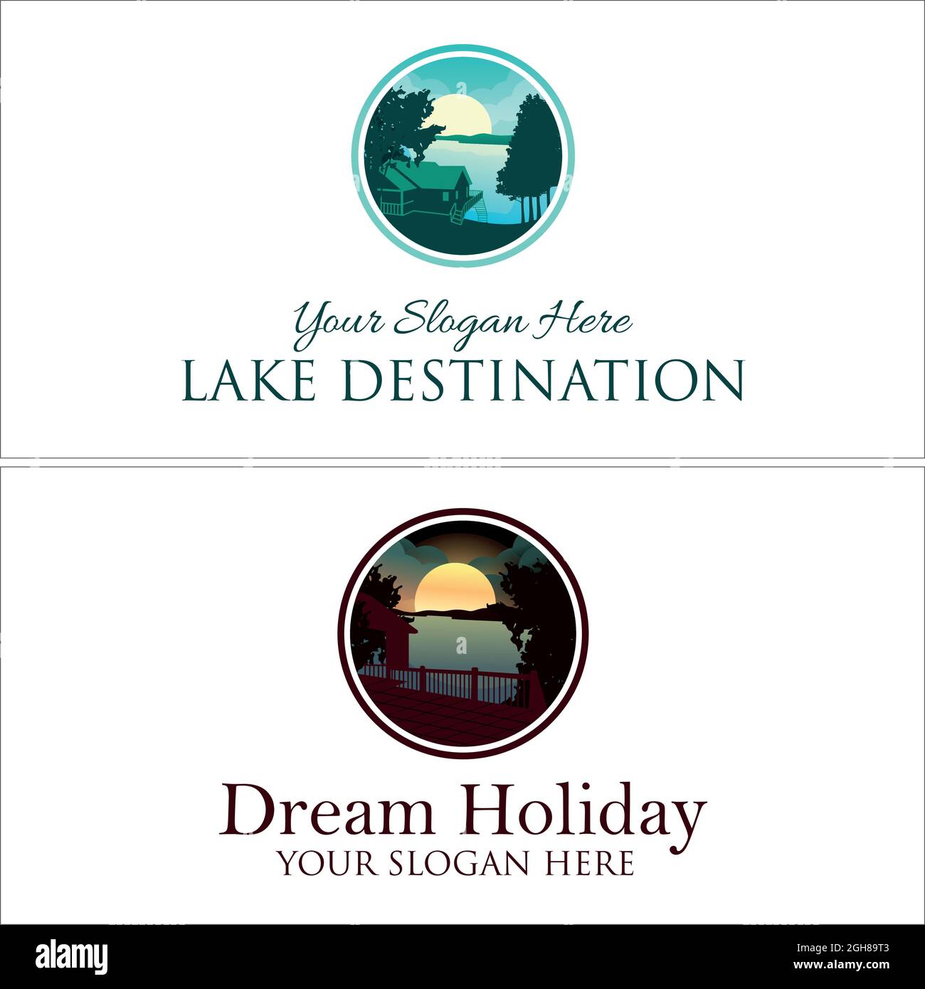 Moderno lago casa sogno vacanza resort logo design Illustrazione Vettoriale