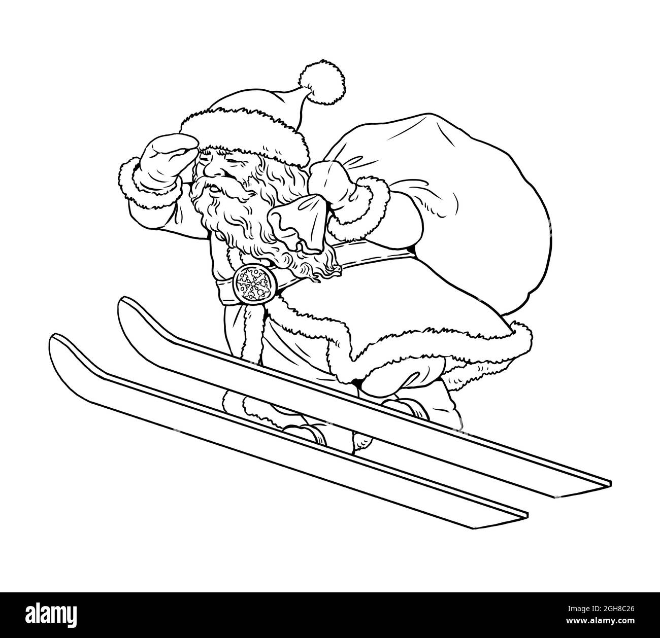 Babbo Natale divertente con regali sugli sci. Felice Anno Nuovo. Modello di Natale per la colorazione. Foto Stock