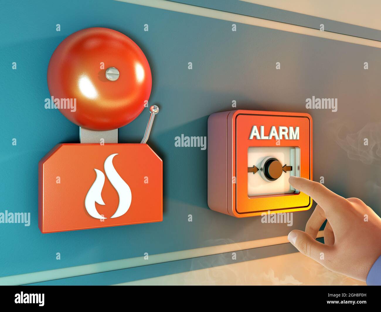 Attivazione dell'allarme antincendio. Illustrazione 3D. Foto Stock