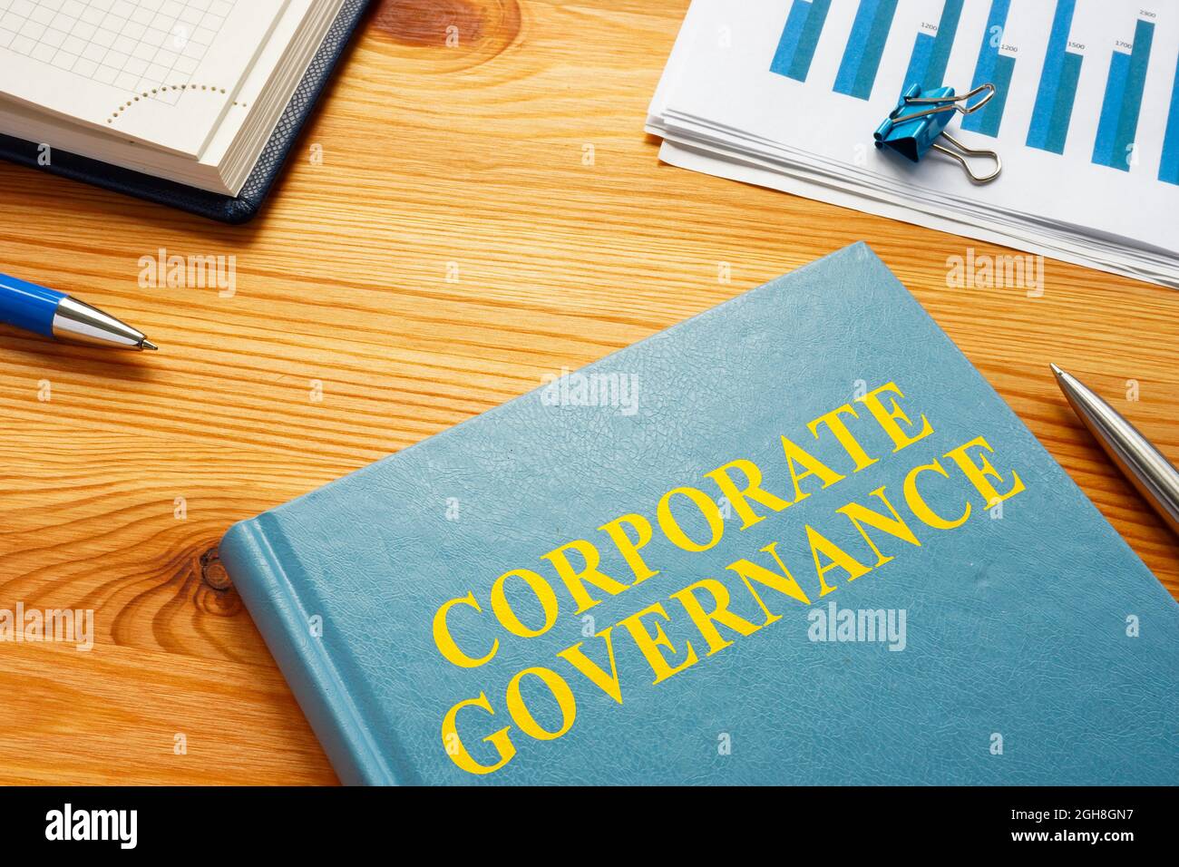 Libro sulla governance aziendale con report e grafici aziendali. Foto Stock