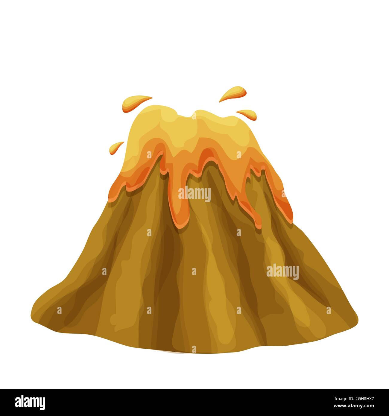 Eruzione vulcanica con magma in stile cartoon isolato su sfondo bianco. Attività vulcanica lava calda, grande montagna con cratere. Illustrazione vettoriale Illustrazione Vettoriale