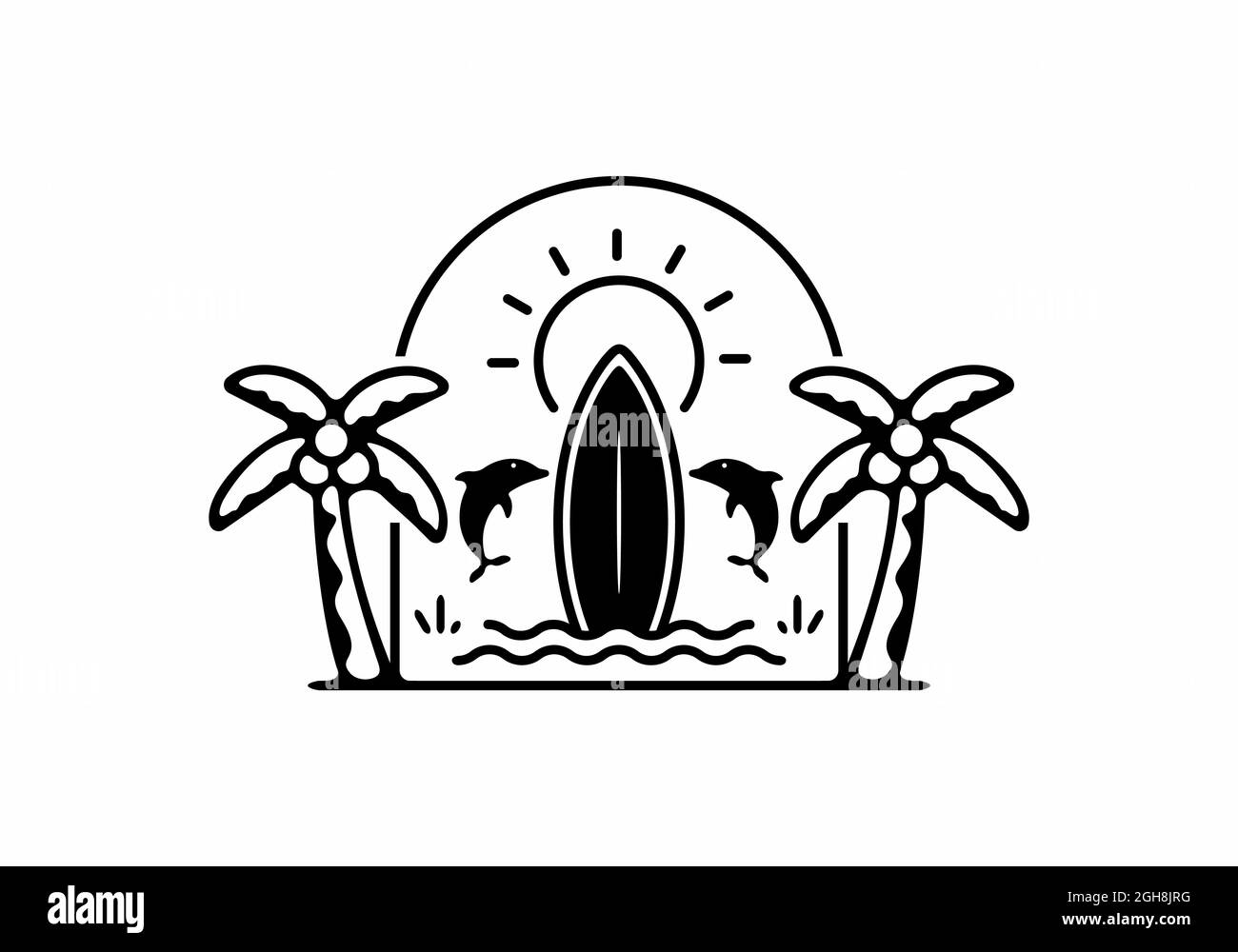 Surf board e delfini badge linea art design Illustrazione Vettoriale