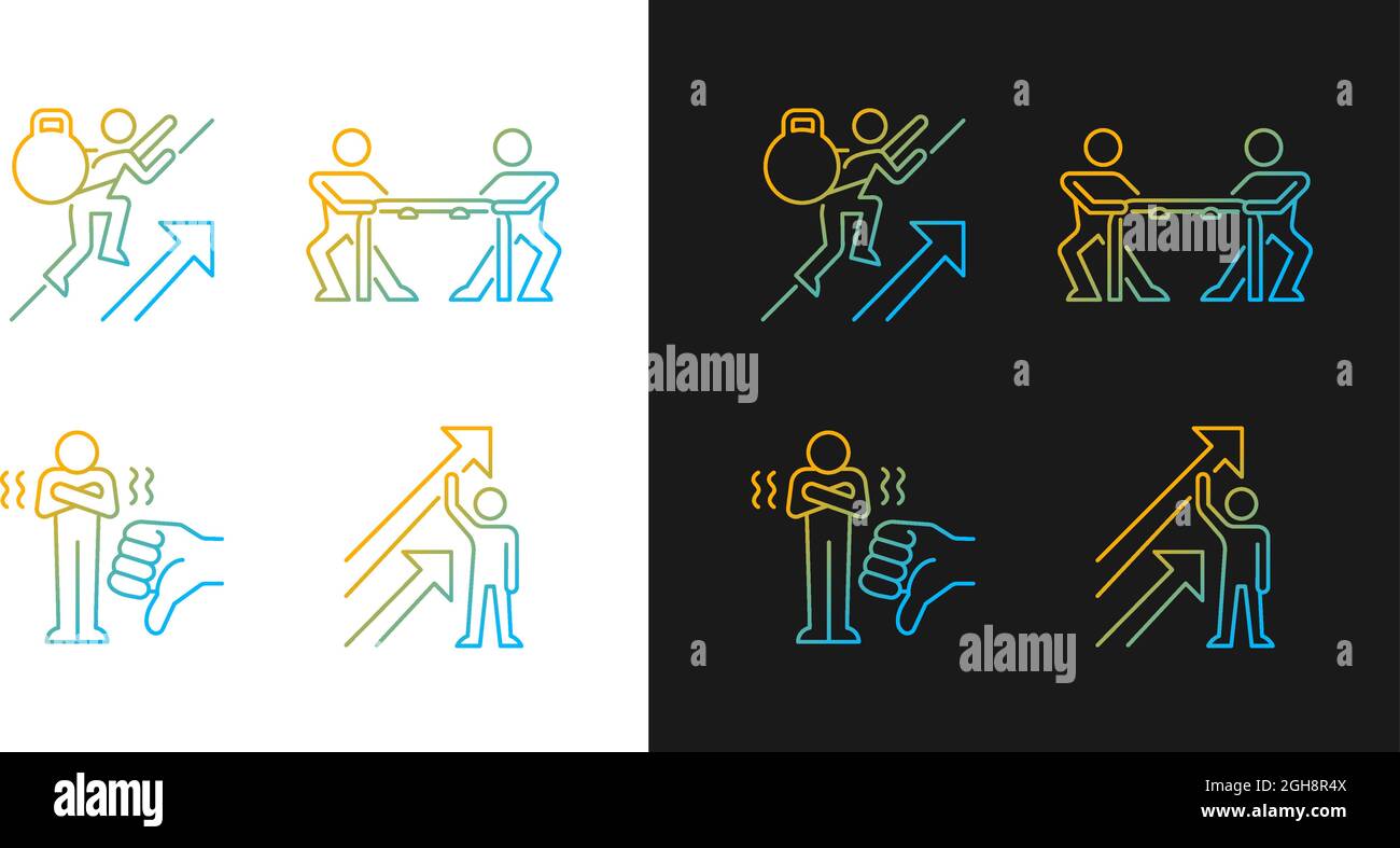 Complicazioni di motivazione e risultati icone di gradiente impostate per la modalità buio e luce Illustrazione Vettoriale