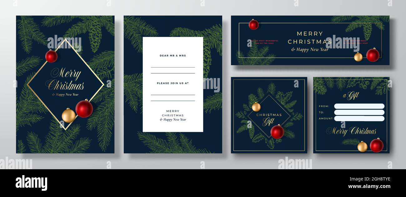 Christmas Abstract Vector Invitation Card, Posters e Banners sfondi set. Layout di progettazione anteriore e posteriore. Disegna rami di Pino e colorato Illustrazione Vettoriale