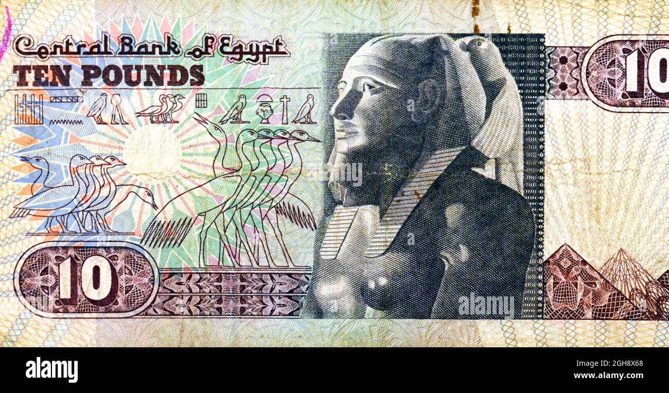 Il rovescio della vecchia banconota da 10 dieci sterline egiziane emessa da 1978 a 2000 dollari dalla banca centrale d'Egitto con il faraone khafra, 2570 a.C. dinastia 4th Foto Stock