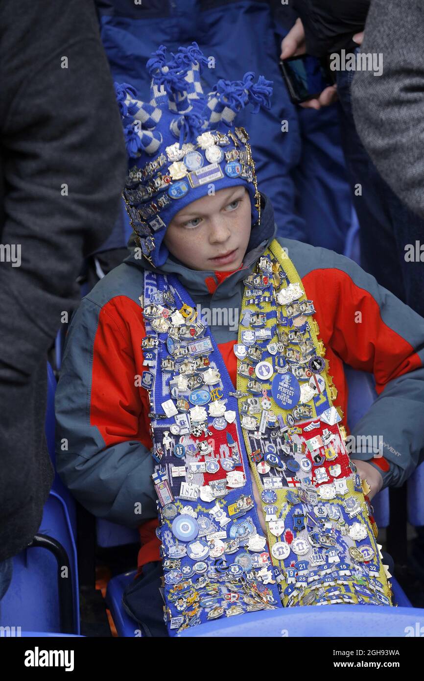 Un sostenitore di Everton con un'impressionante collezione di badge durante la partita della Barclays Premier League tra Everton e West Ham United al Goodison Park di Liverpool, Inghilterra, il 12 maggio 2013. Foto Stock