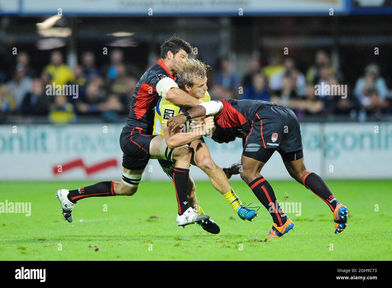 Aurelien Rougerie durante la partita francese Top 14 tra ASM Clermont Auvergne e Lione ou in Francia il 20 settembre 2014. Foto Stock