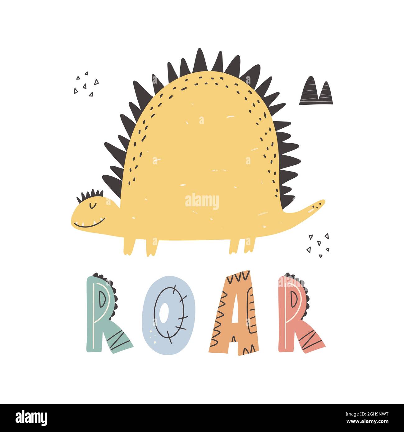Simpatico grafico di dinosaur.Roar con divertenti cartoni animati di dinosauri. Virgoletta divertente con dino disegno a mano per biglietto di auguri, prin Illustrazione Vettoriale