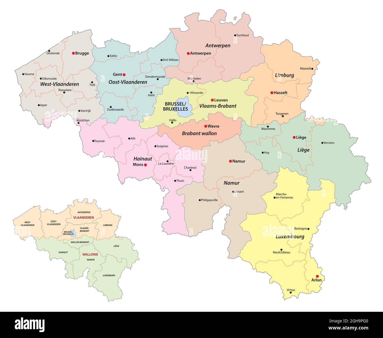 mappa vettoriale amministrativa delle regioni, delle province e dei distretti del belgio Illustrazione Vettoriale