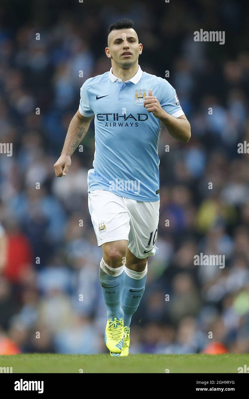 Sergio Aguero di Manchester City durante la partita della Barclays Premier League all'Etihad Stadium. Il credito fotografico dovrebbe essere: Philip Oldham/Sportimage via PA Images Foto Stock