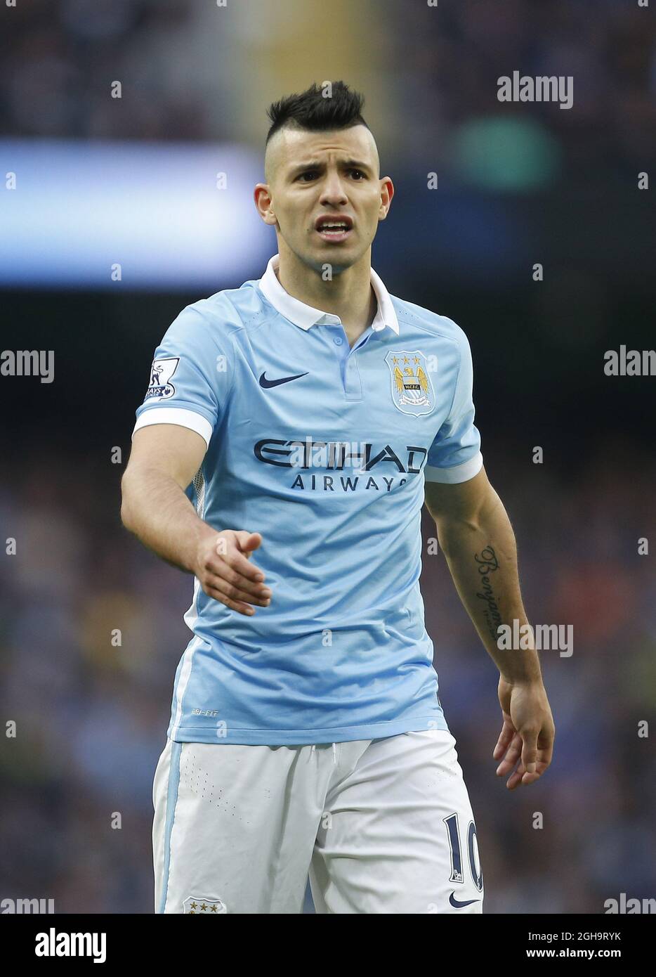 Sergio Aguero di Manchester City durante la partita della Barclays Premier League all'Etihad Stadium. Il credito fotografico dovrebbe essere: Philip Oldham/Sportimage via PA Images Foto Stock