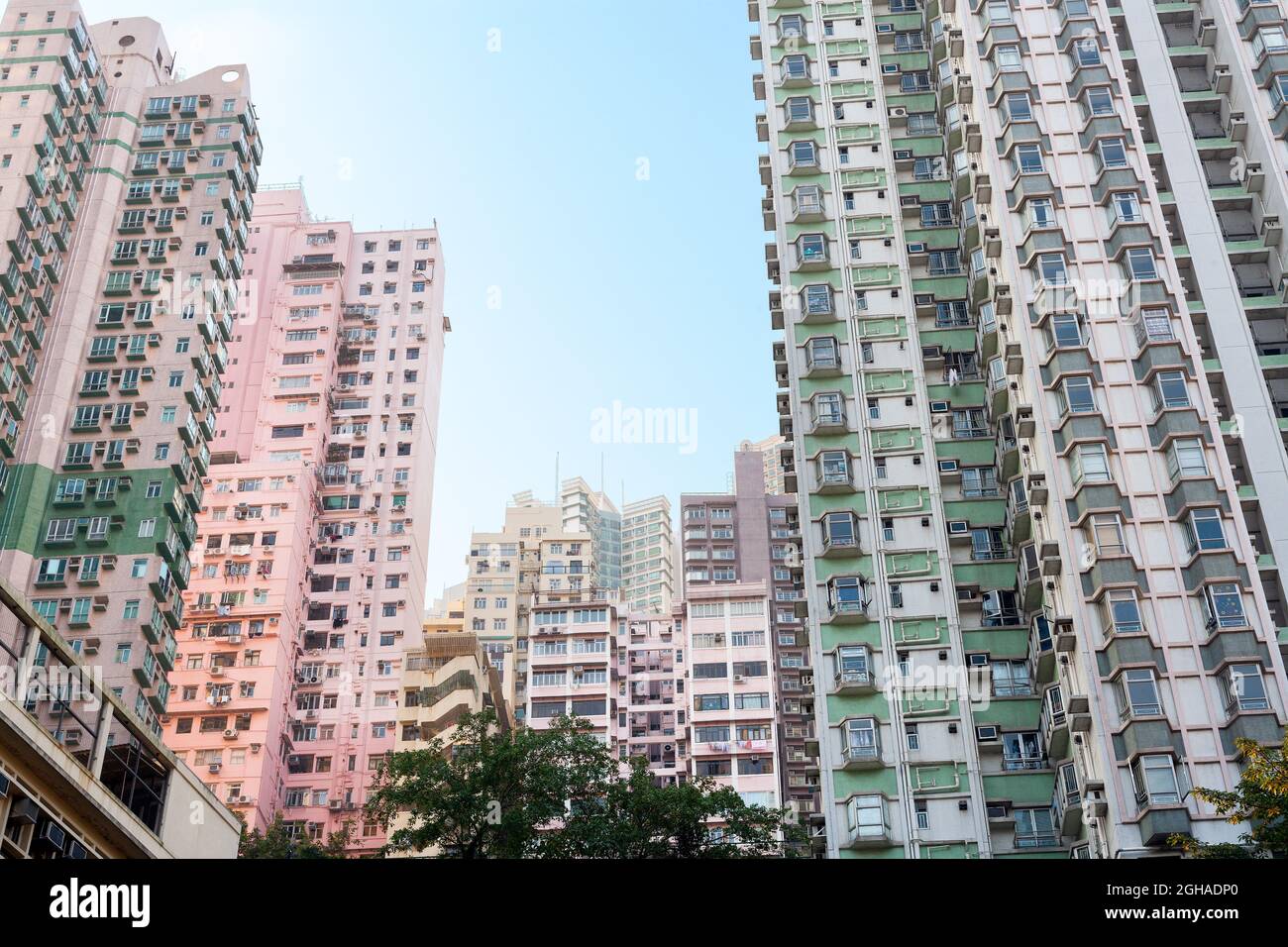 Skyline di alti grattacieli residenziali di appartamenti nel centro di Hong Kong. Foto Stock
