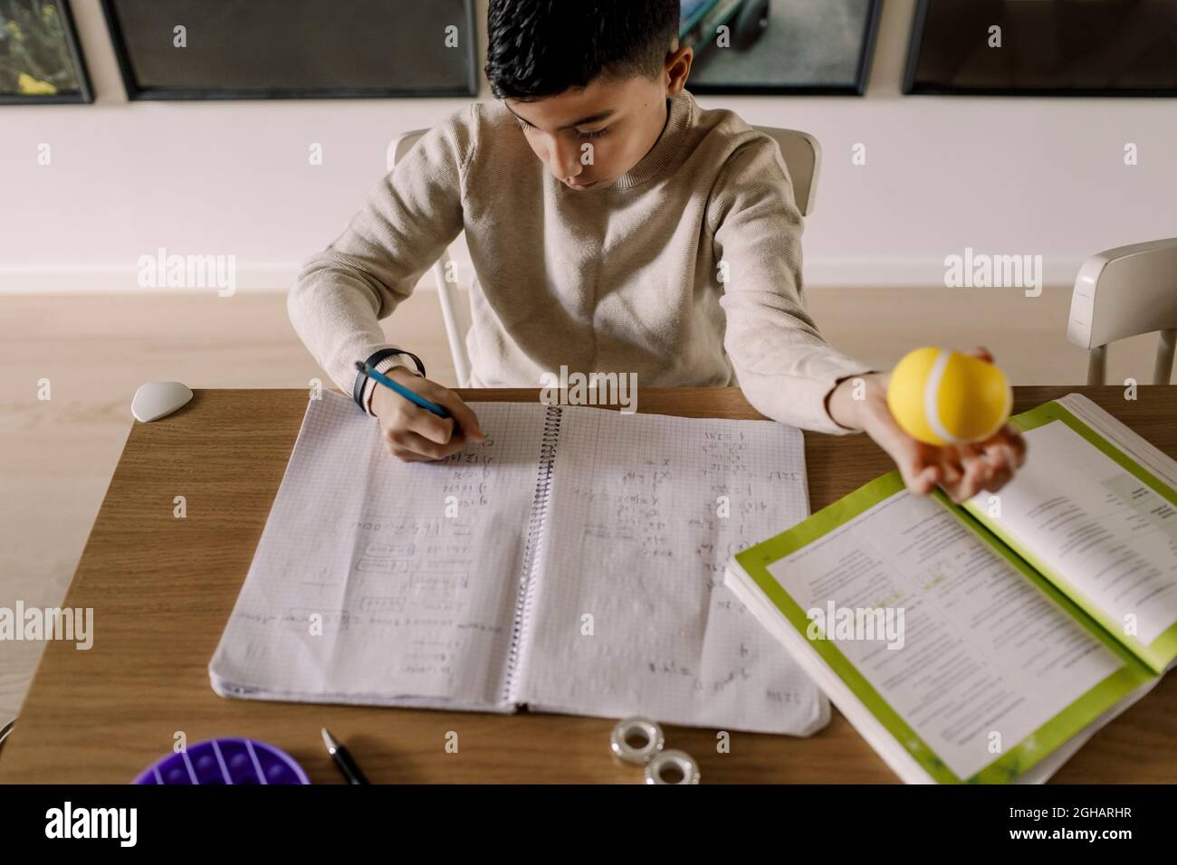 Vista ad angolo alto della scrittura del ragazzo nel libro a casa Foto Stock