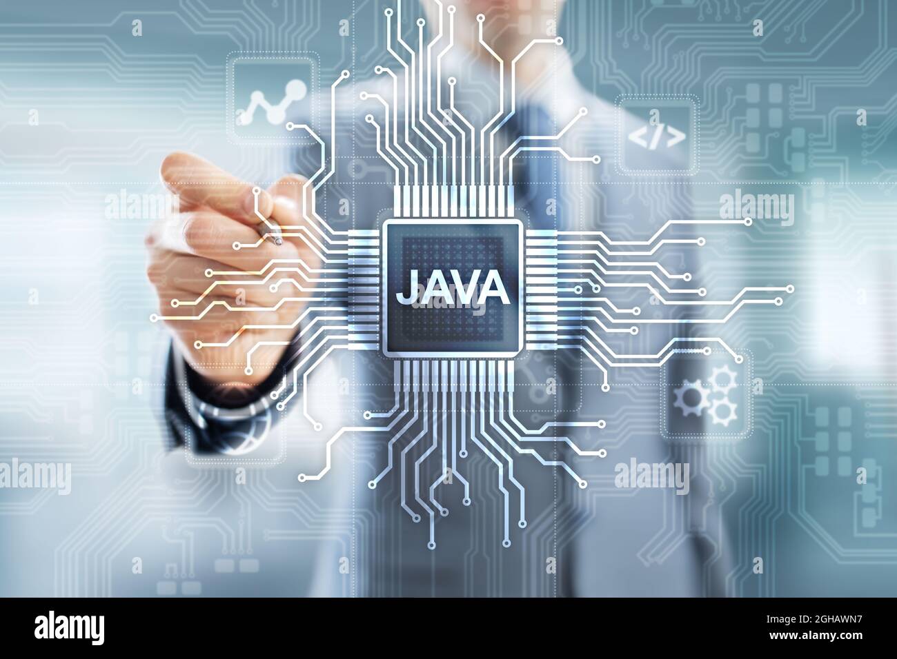 Applicazione del linguaggio di programmazione Java e concetto di sviluppo Web su schermo virtuale Foto Stock