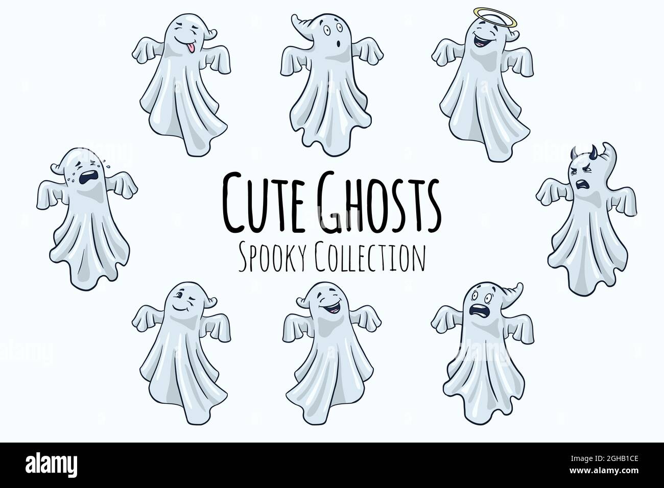 Cute Ghosts Illustrations Collection. Stile cartoon. Fantasmi divertenti di Halloween disegnati a mano per adesivi, stampe, inviti e design di saluto. Vettore Premium Illustrazione Vettoriale