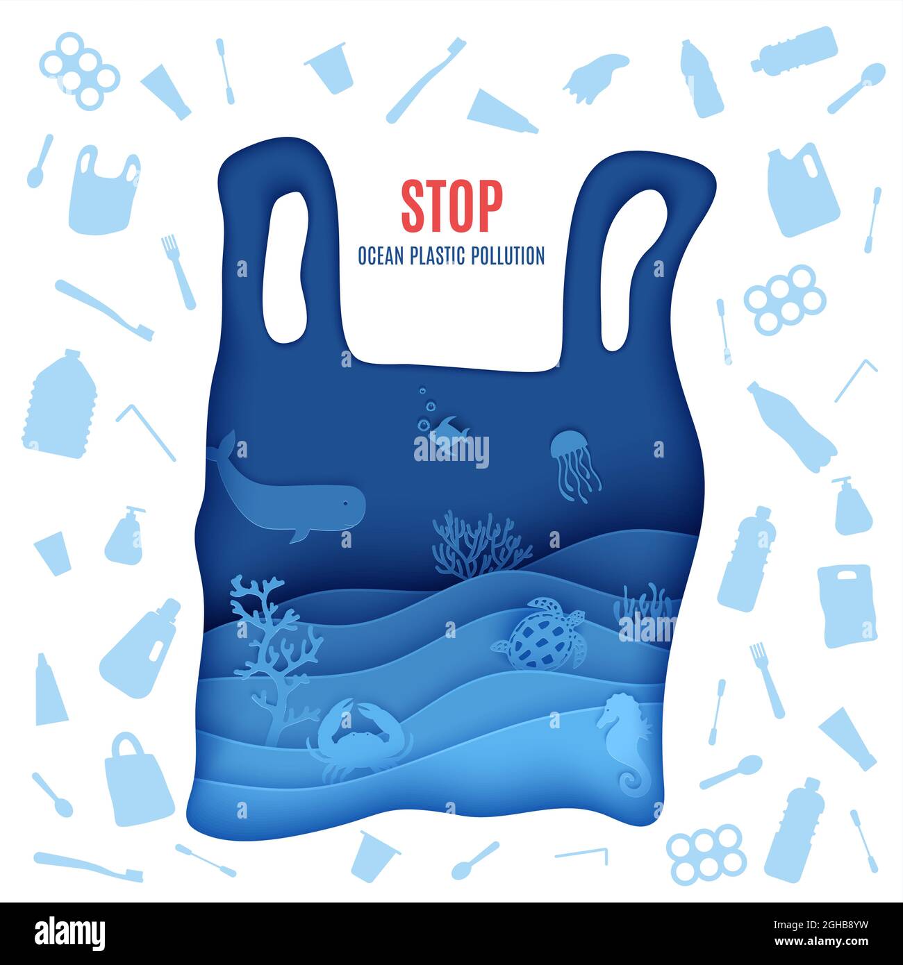 Arrestare il poster dell'inquinamento di plastica oceanica in stile di taglio della carta. Silhouette di sacchetto di plastica intagliata da cartone con vita marina e cucchiai di plastica usati singoli, Illustrazione Vettoriale