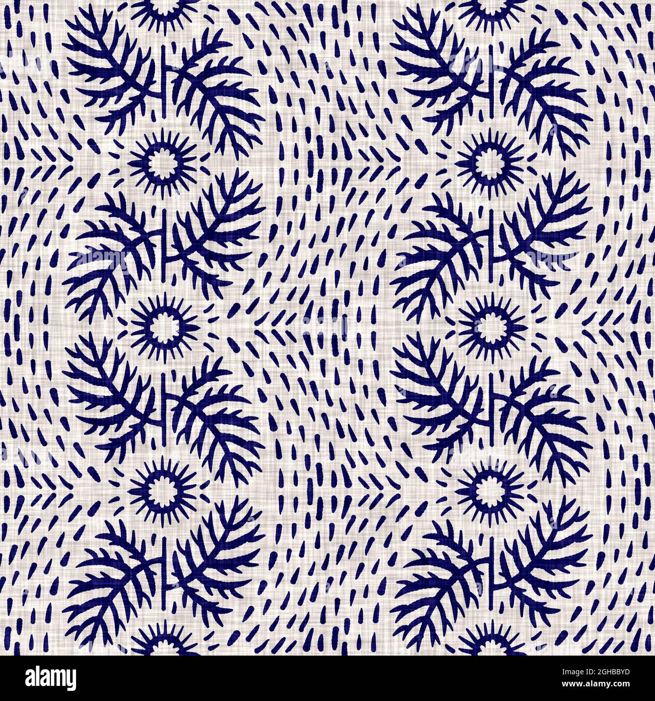 Indigo blu fiore blocco stampa tinta tessuto di lino sfondo. Campione giapponese di ripetizione batik tessuto senza cuciture. Sfocatura floreale organica afflosciata Foto Stock