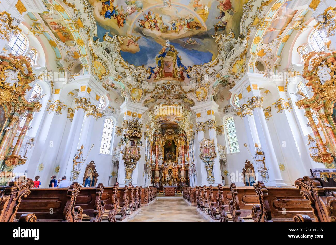 Baviera, Germania. Interno della Chiesa di Wies, (Wieskirche a Steingaden) sulla strada romantica. Foto Stock