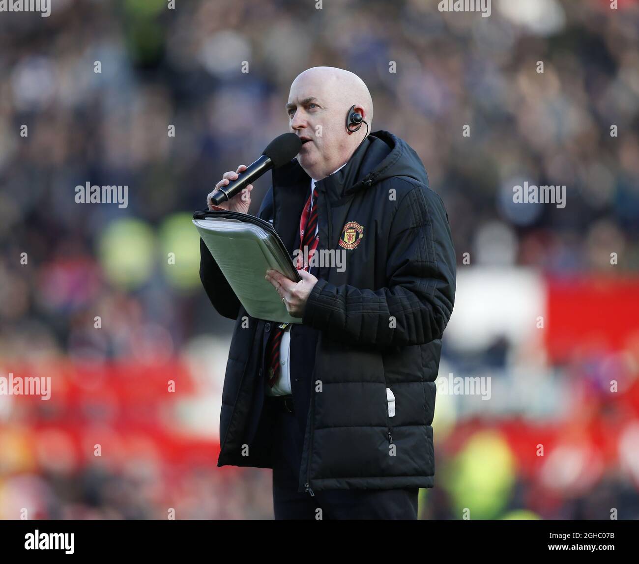 Alan Keegan Manchester United, annunciatore dello stadio durante la prima partita di campionato all'Old Trafford Stadium di Manchester. Data foto 25 febbraio 2018. Il credito dovrebbe essere: Simon Bellis/Sportimage via PA Images Foto Stock