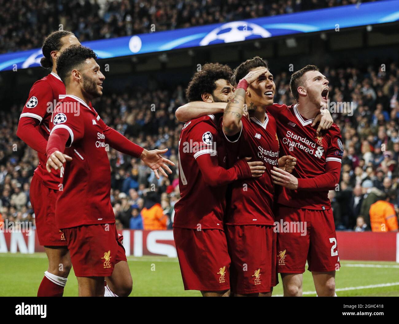 Roberto Firmino di Liverpool festeggia il secondo gol ai lati durante la seconda tappa della finale del quartiere di Champions League all'Etihad Stadium di Manchester. Data foto: 10 aprile 2018. Il credito dovrebbe essere: David Klein/Sportimage via PA Images Foto Stock