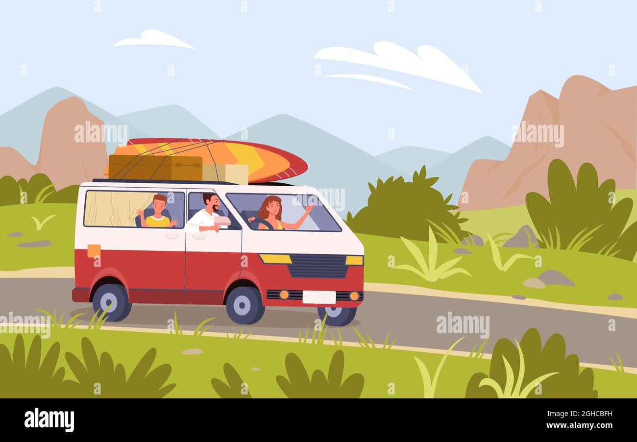 Cartoon turistico madre padre e figlio bambini personaggi viaggiando su strada in montagna natura paesaggio sfondo. Viaggio in famiglia in auto bus camper furgone Illustrazione Vettoriale