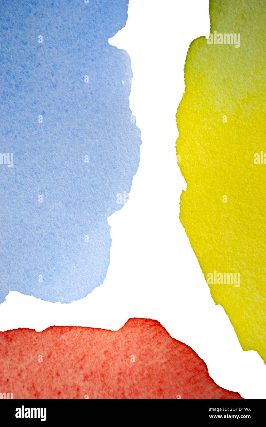 Colorazione gialla blu rossa dell'acquerello da tratti di pennello isolati su sfondo bianco Foto Stock