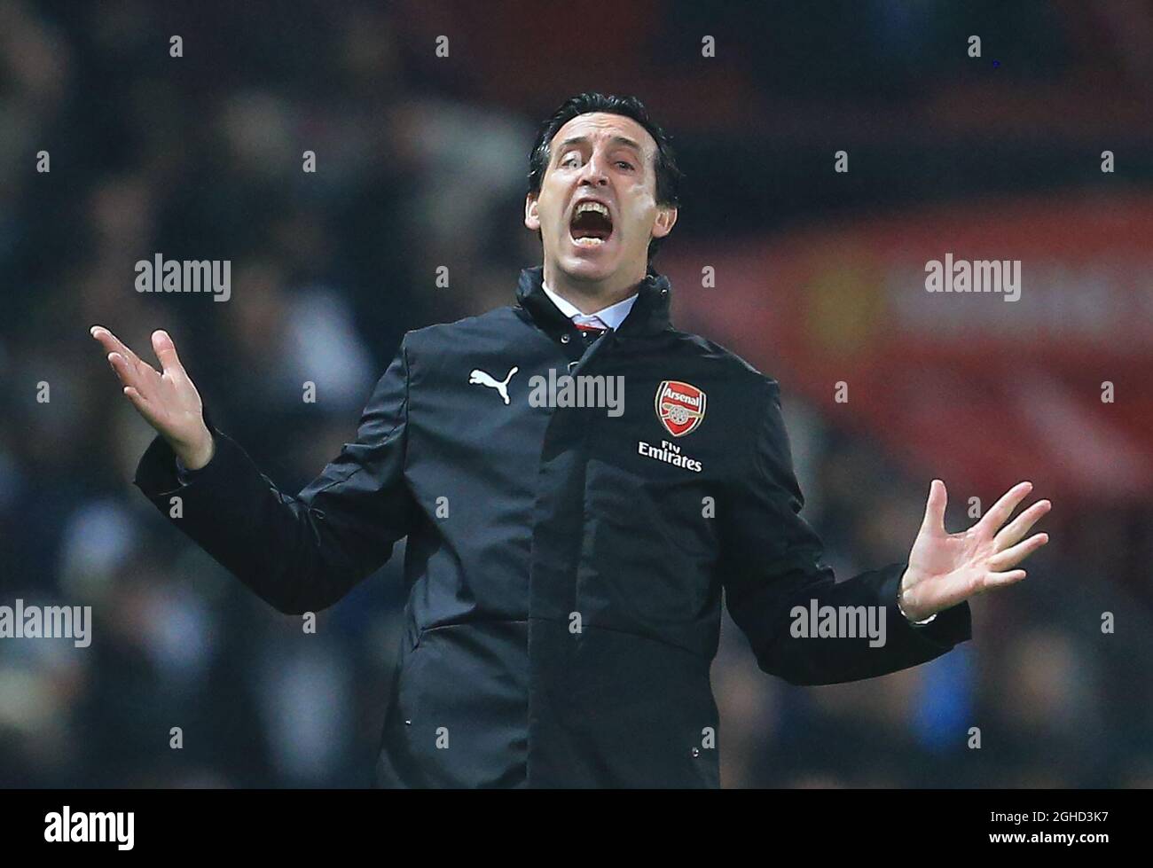 Il manager dell'Arsenal Unai Emery reagisce durante la partita della Premier League a Old Trafford, Manchester. Data foto: 5 dicembre 2018. Il credito dovrebbe essere: Matt McNulty/Spaltimage via PA Images Foto Stock