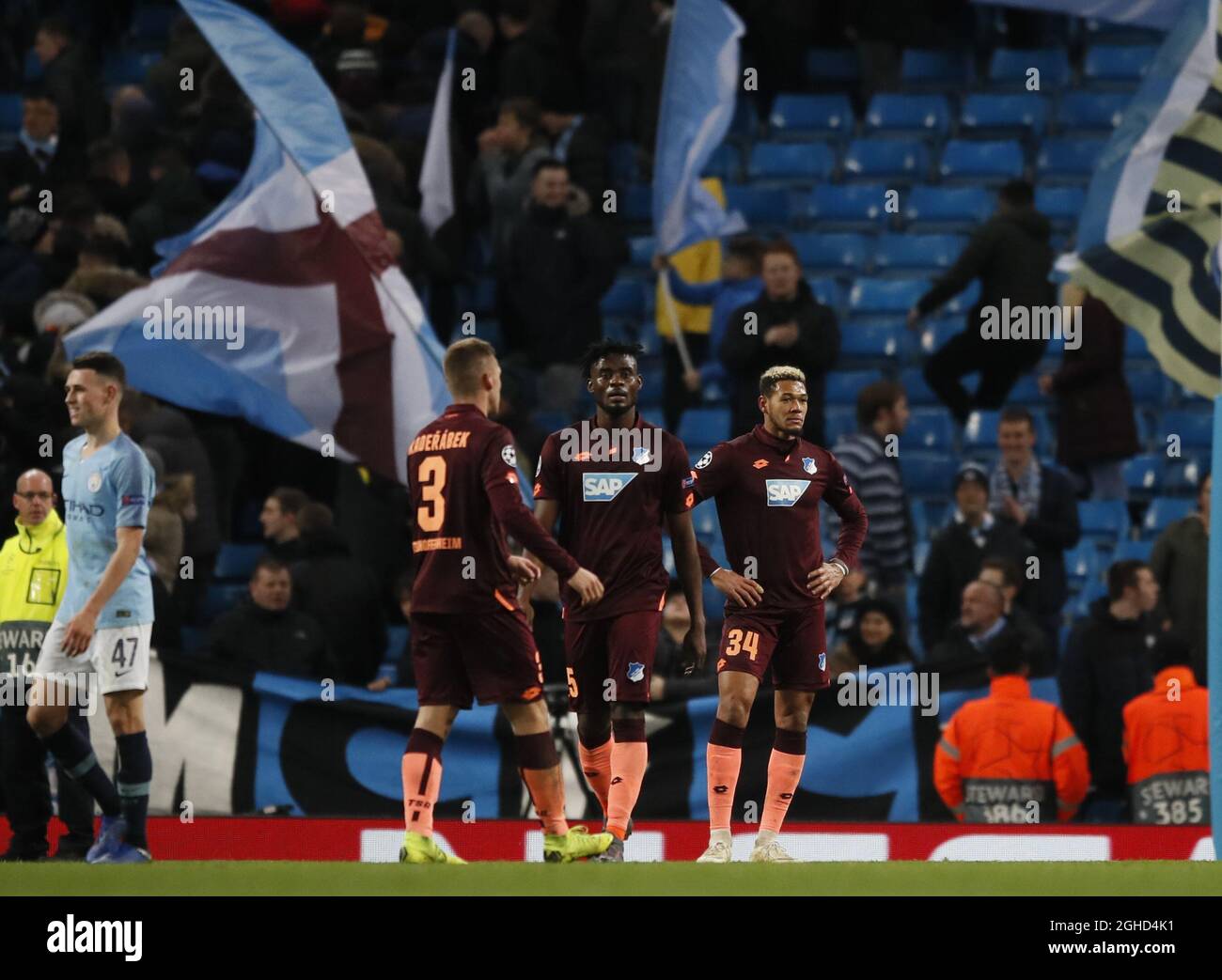 I giocatori di Hoffenheim sono stati abbattuti durante la partita UEFA Champions League Group F all'Etihad Stadium di Manchester. Data foto 12 dicembre 2018. Il credito dovrebbe essere: Simon Bellis/Sportimage via PA Images Foto Stock