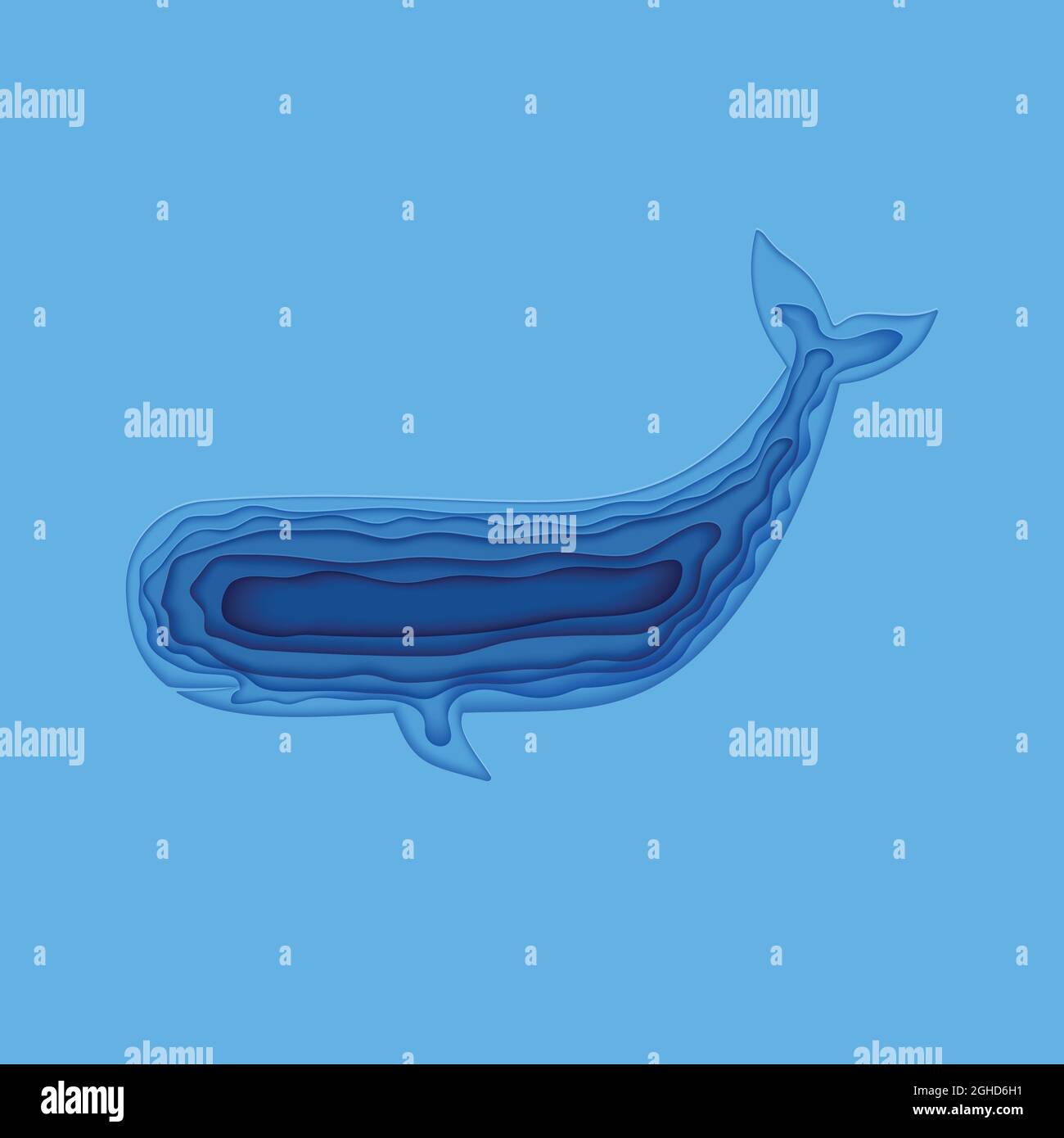 Silhouette di una balena spermatica tagliata di carta. Papercut 3d elemento vita marina. Artigianato subacqueo grotta in blu. Giornata mondiale dell'Oceano Vector Illustrazione Vettoriale
