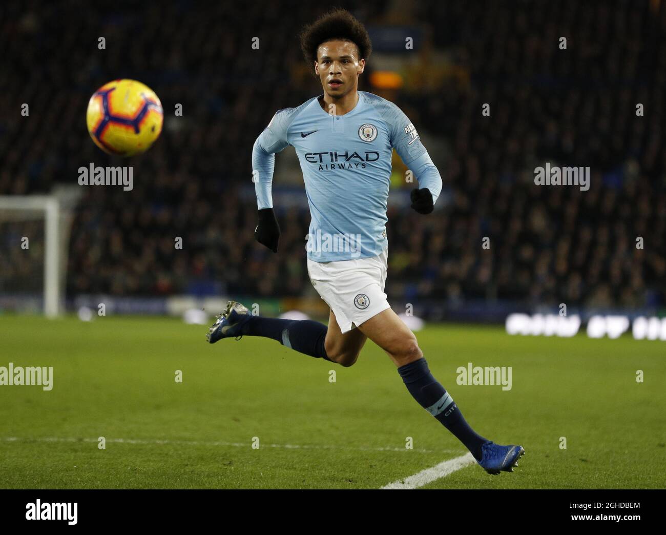 Leroy Sane di Manchester City durante la partita della Premier League al Goodison Park Stadium di Liverpool. Data foto: 6 febbraio 2019. Il credito dovrebbe essere: Darren Staples/Sportimage via PA Images Foto Stock