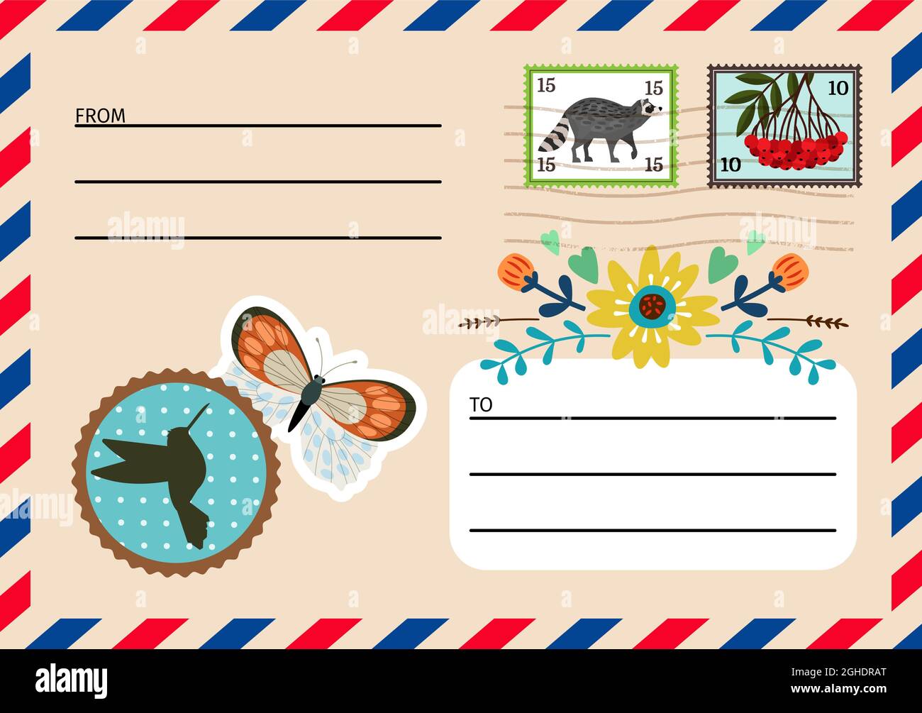 Busta colorata avia retro con timbri, adesivi Illustrazione Vettoriale