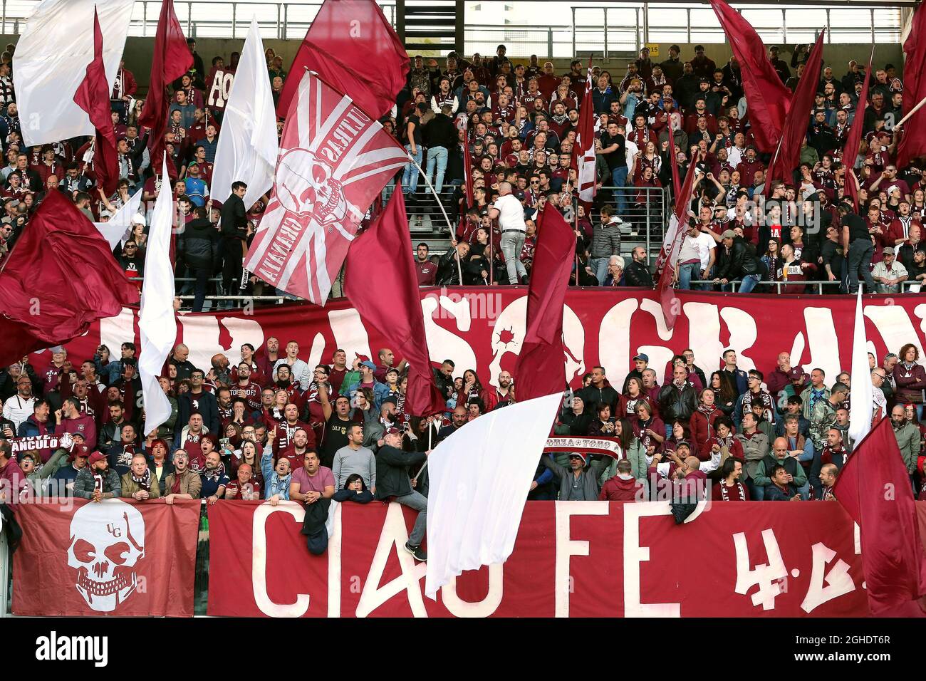 Tifosi del Torino FC raffigurati con sciarpe e bandiere durante la serie A  all'Olimpico di